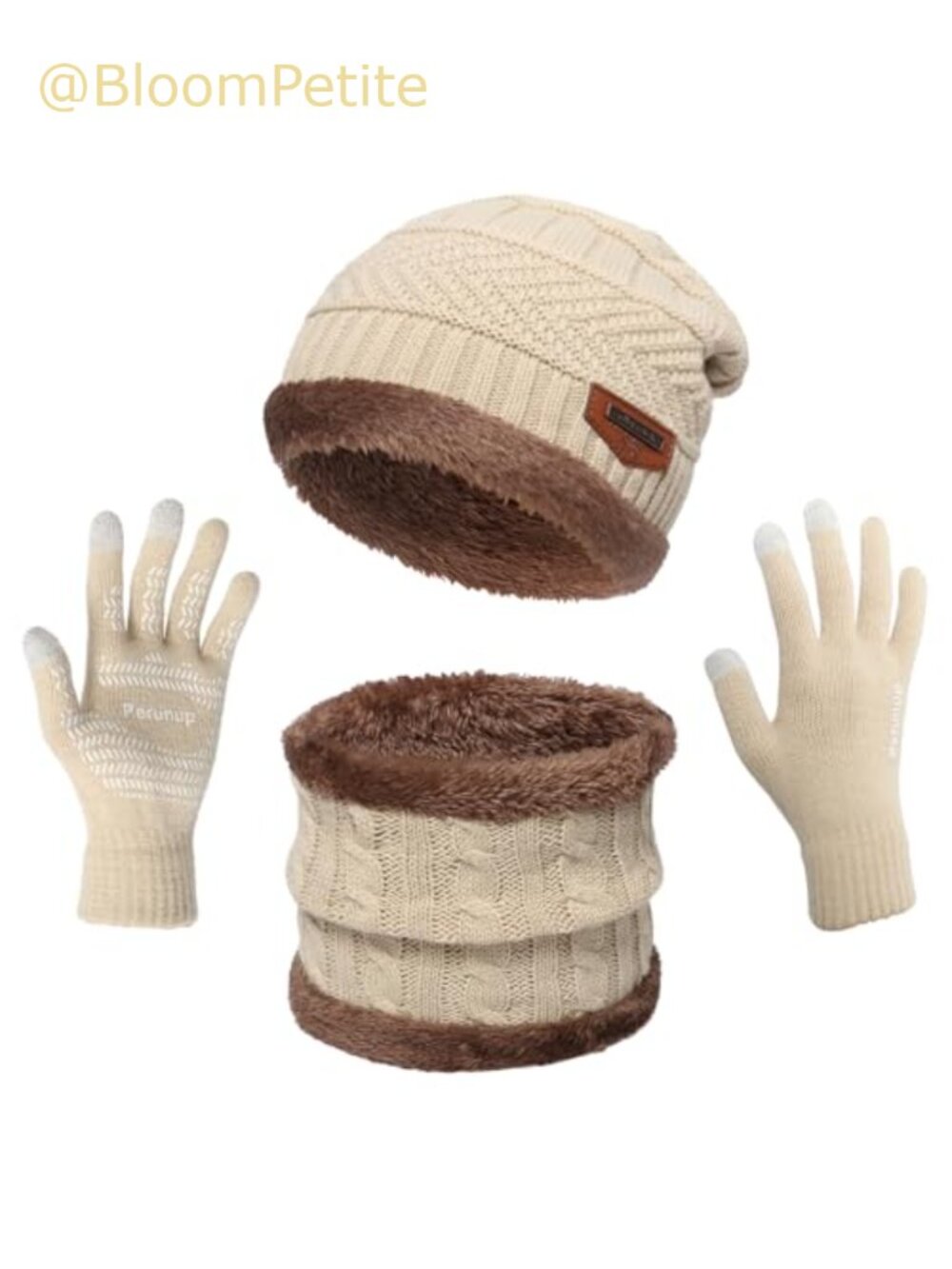 Winter Knit Beanie Neck Warmer Scarf Touch Screen Gloves 3 Pc Fleece Lined Set